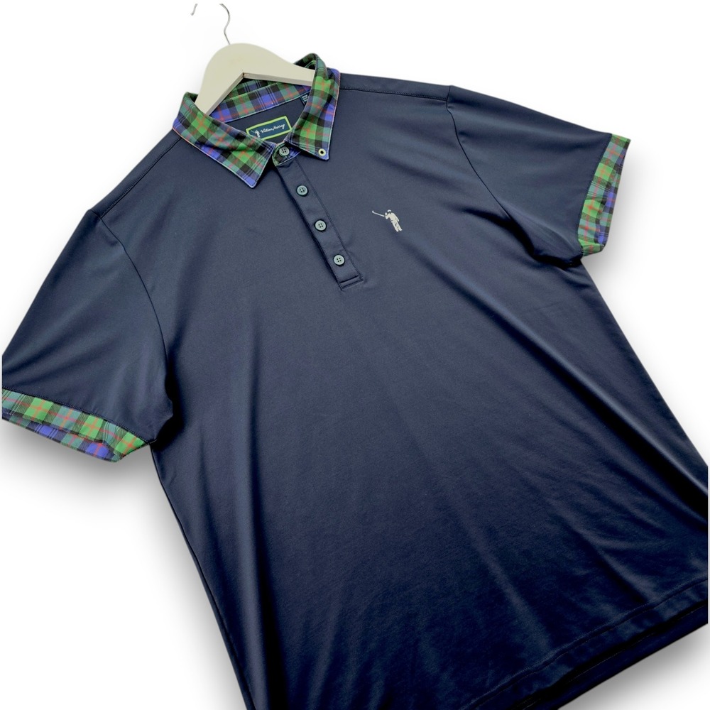 William Murray Golf Polo Mens Large Navy Blue Plaid Trim Performance Spandex